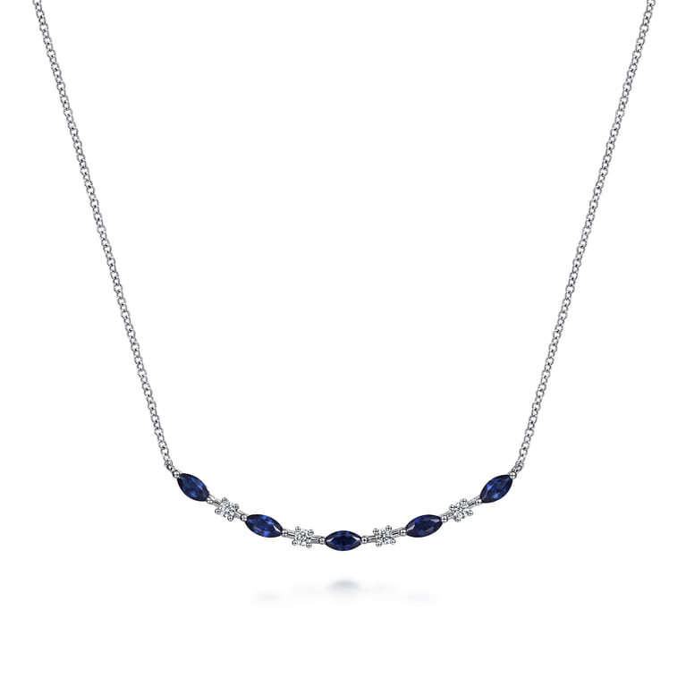 14K White Gold Diamond and Marquise Blue Sapphire Bar Necklace - 0.14 ct - Shot 1