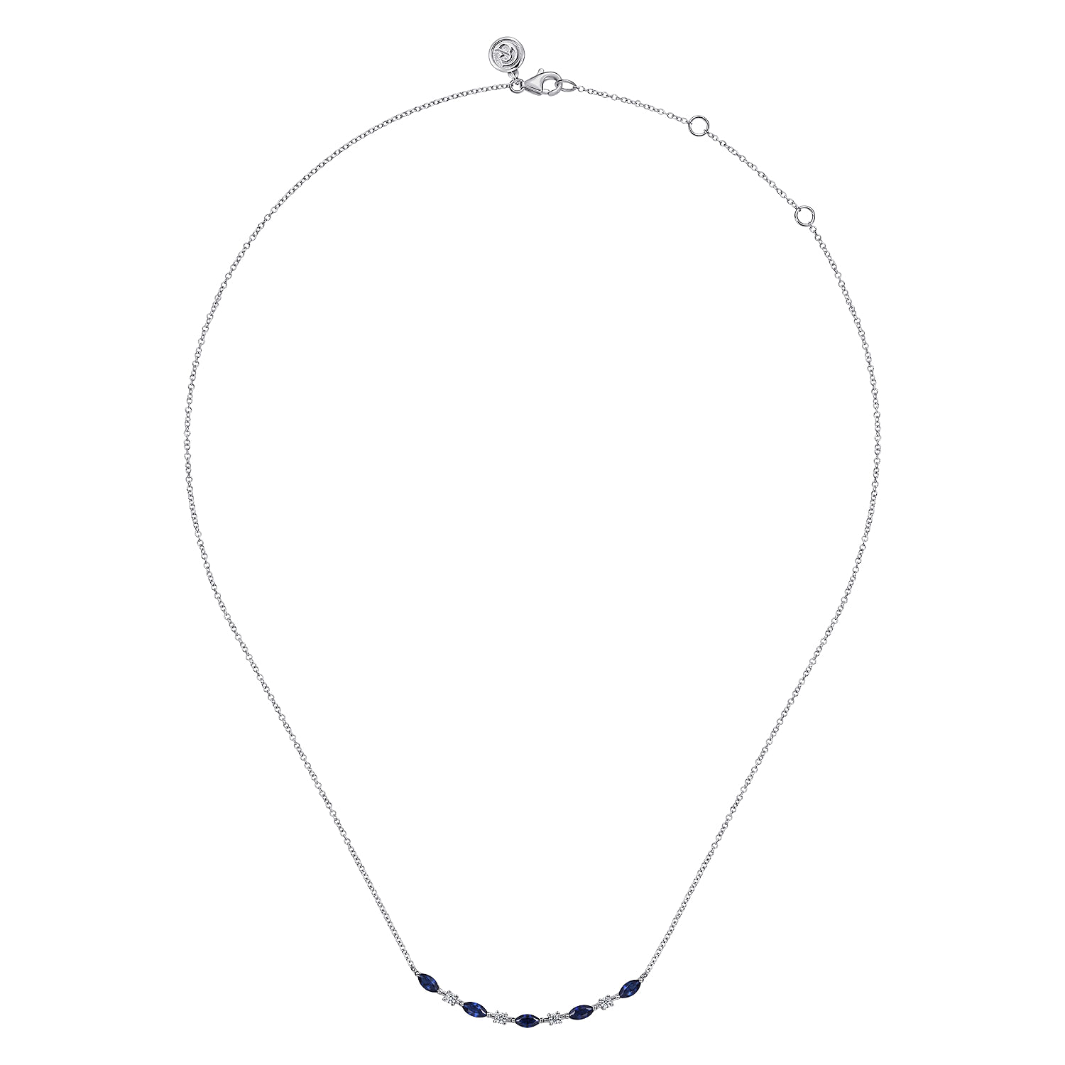 14K White Gold Diamond and Marquise Blue Sapphire Bar Necklace