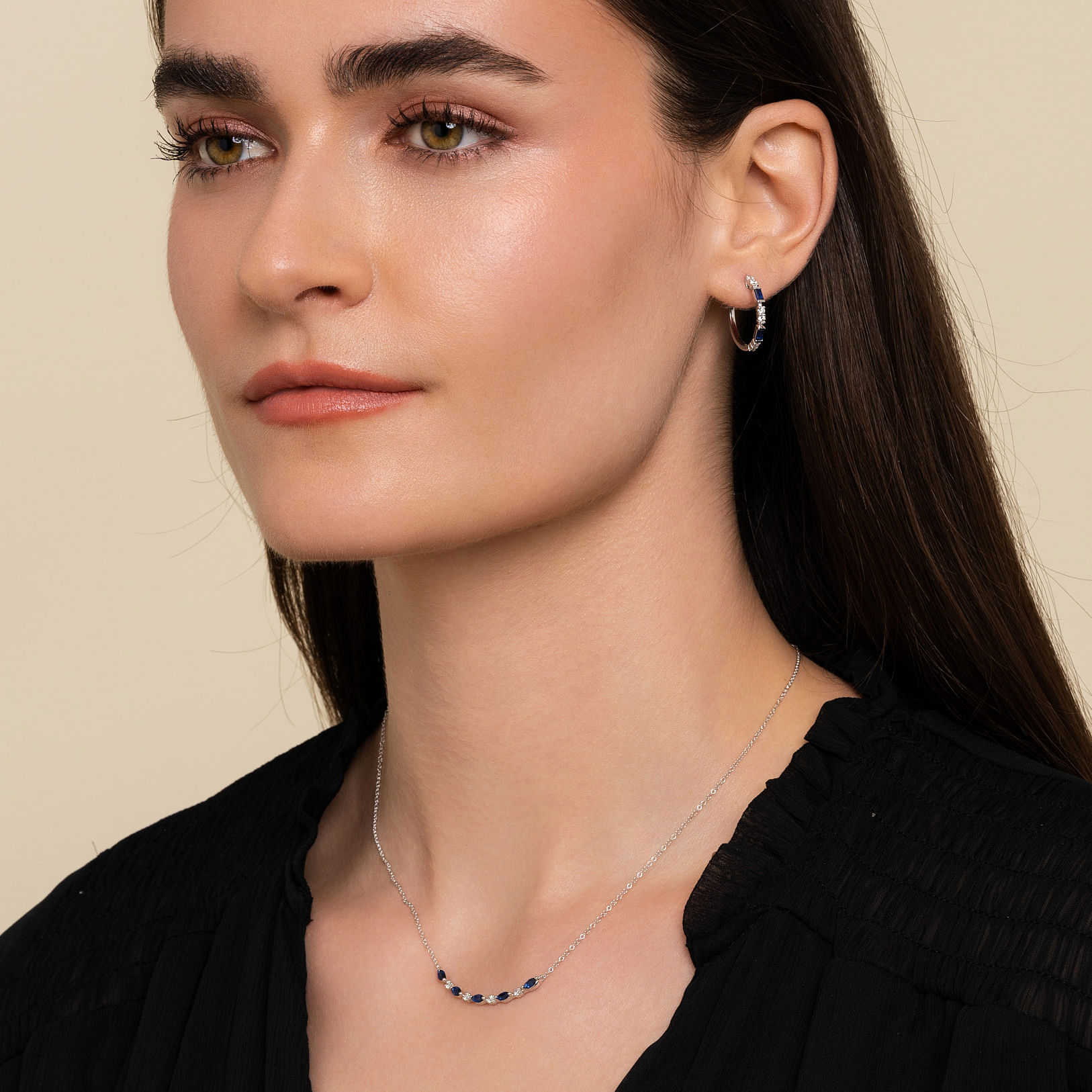 14K White Gold Diamond and Marquise Blue Sapphire Bar
