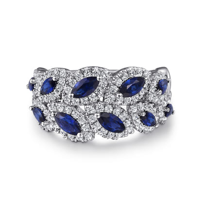 14K White Gold Diamond and Marquise Blue Sapphire Wide Band Ring
