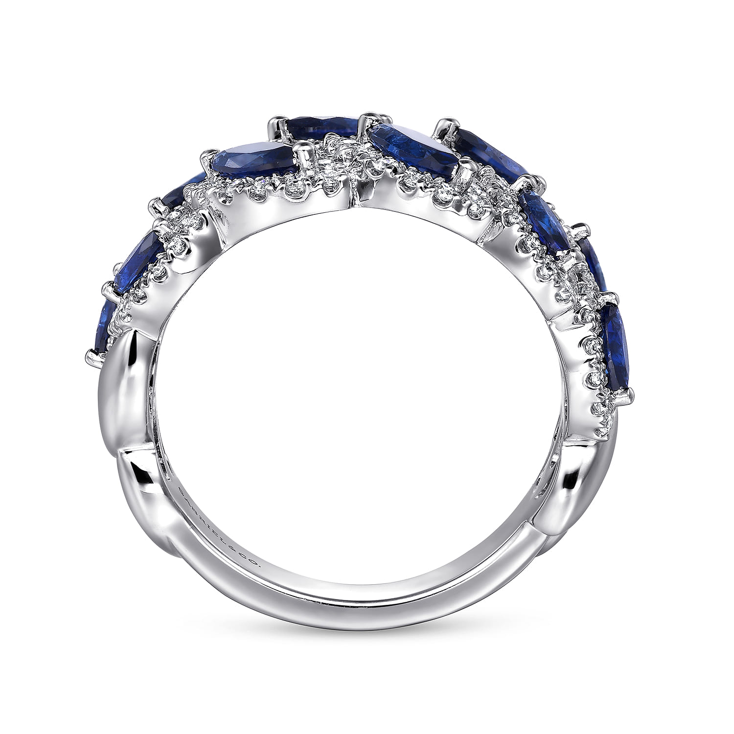 14K White Gold Diamond and Marquise Blue Sapphire Wide Band Ring - 0.7 ct - Shot 2