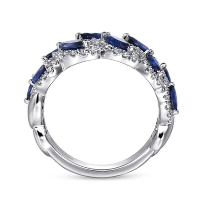 14K White Gold Diamond and Marquise Blue Sapphire Wide Band Ring
