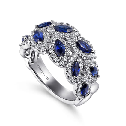 14K White Gold Diamond and Marquise Blue Sapphire Wide Band Ring