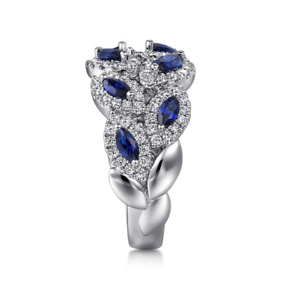 14K White Gold Diamond and Marquise Blue Sapphire Wide Band Ring