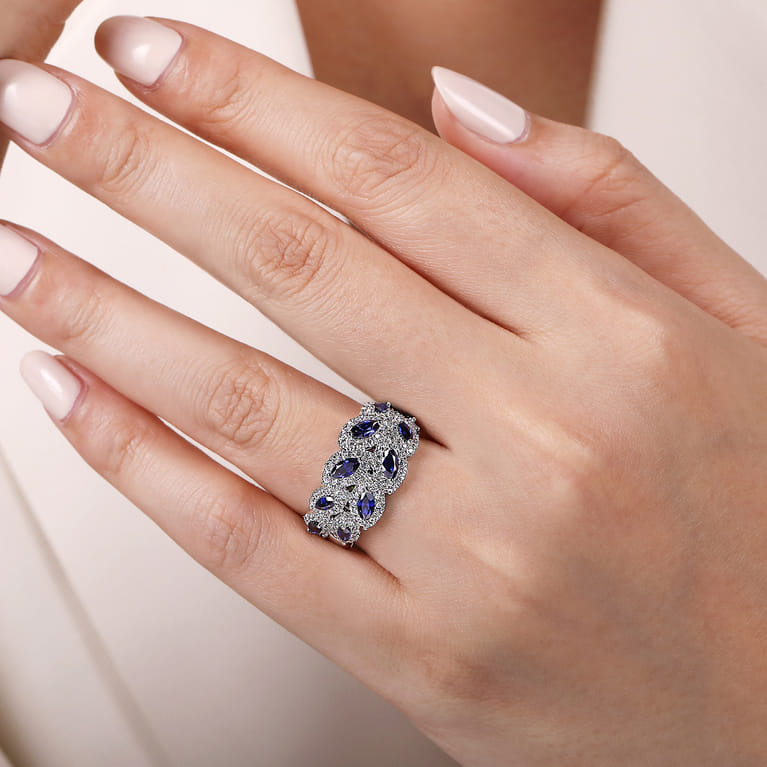 14K White Gold Diamond and Marquise Blue Sapphire Wide Band Ring - 0.7 ct - Shot 5