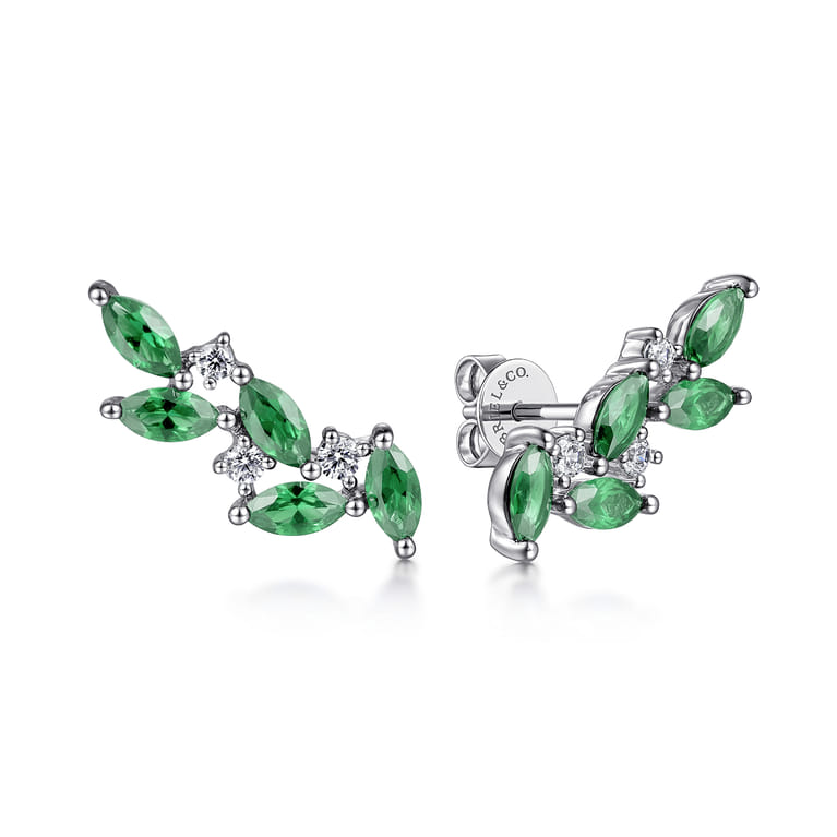 14K White Gold Diamond and Marquise Emerald Ear Climber Earrings - 0.18 ct - Shot 1