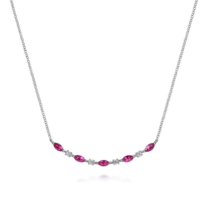 14K White Gold Diamond and Marquise Ruby Bar Necklace