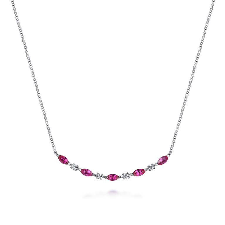 14K White Gold Diamond and Marquise Ruby Bar Necklace - 0.14 ct - Shot 1