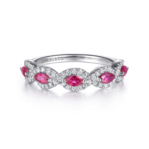 14K White Gold Diamond and Marquise Ruby Twisted Ring