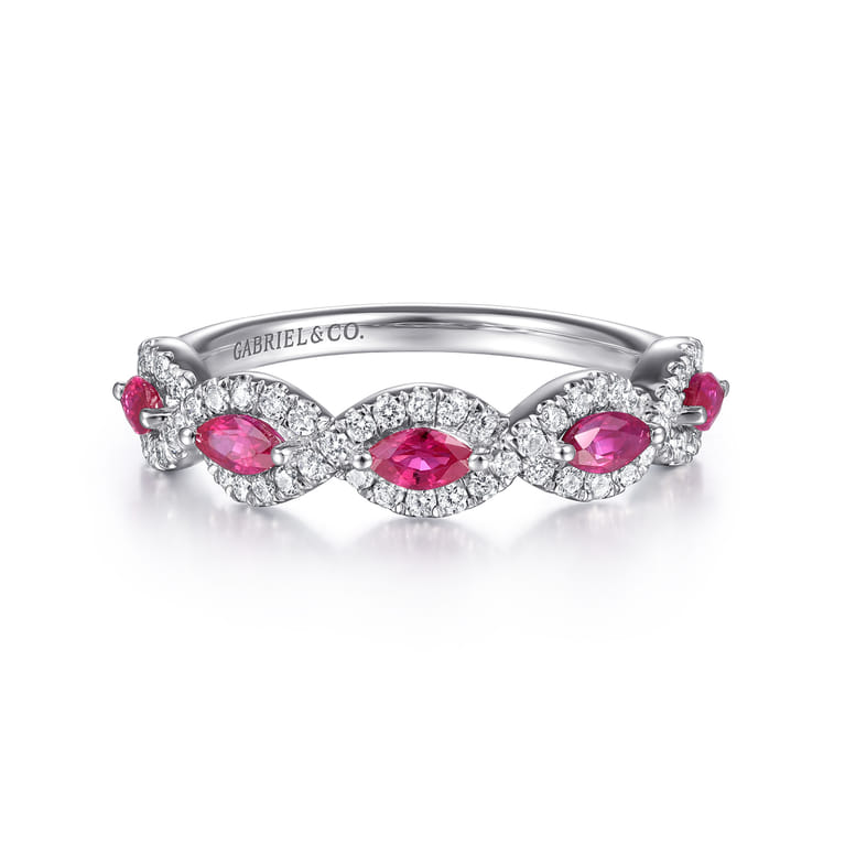 14K White Gold Diamond and Marquise Ruby Twisted Ring - 0.3 ct - Shot 1