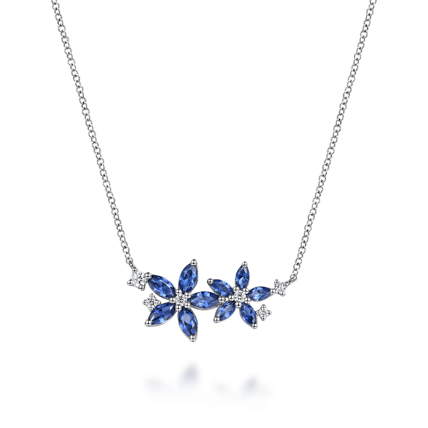 Blue Sapphire Marquise Shape Diamond Pave White Gold Pendant Medallion Necklace