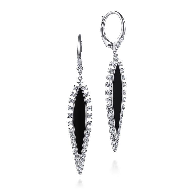 14K White Gold Diamond and Onyx Drop Earrings - 0.6 ct - Shot 1