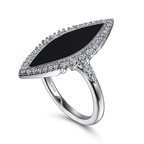 14K White Gold Diamond and Onyx Marquise Statement Ring - 0.22 ct - Shot 3