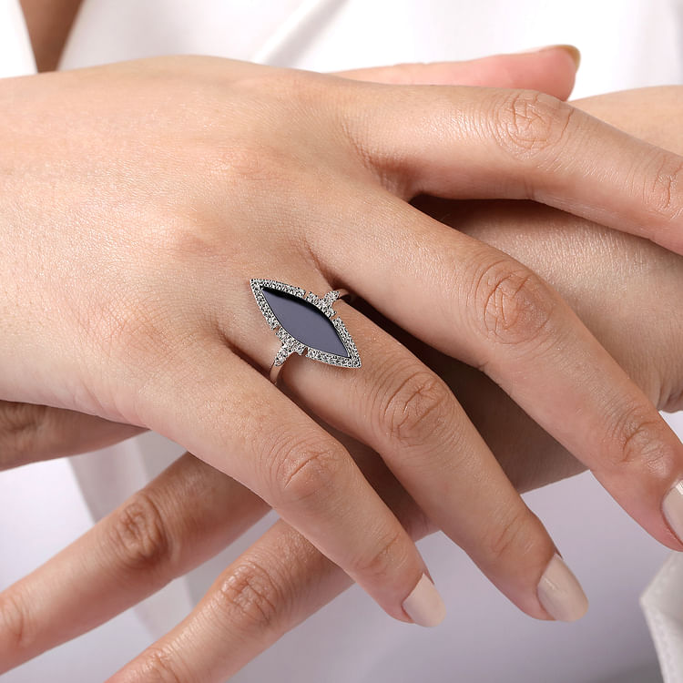 14K White Gold Diamond and Onyx Marquise Statement Ring