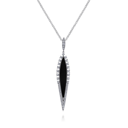 14K White Gold Diamond and Onyx Pendant Necklace