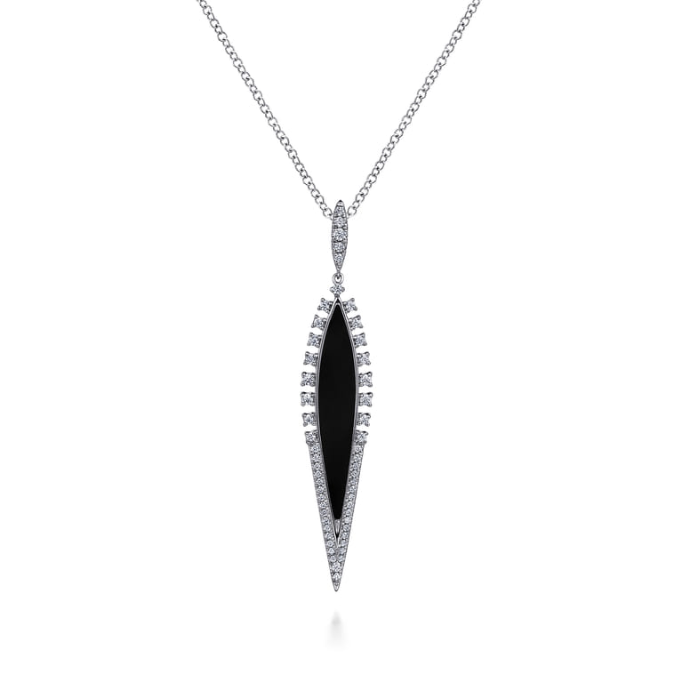 14K White Gold Diamond and Onyx Pendant Necklace - 0.35 ct - Shot 1