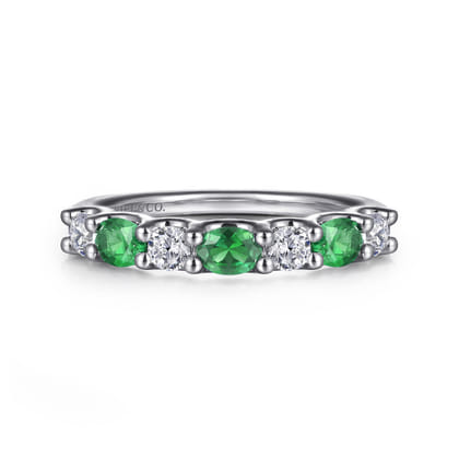 14K White Gold Diamond and Oval Emerald Band Ring