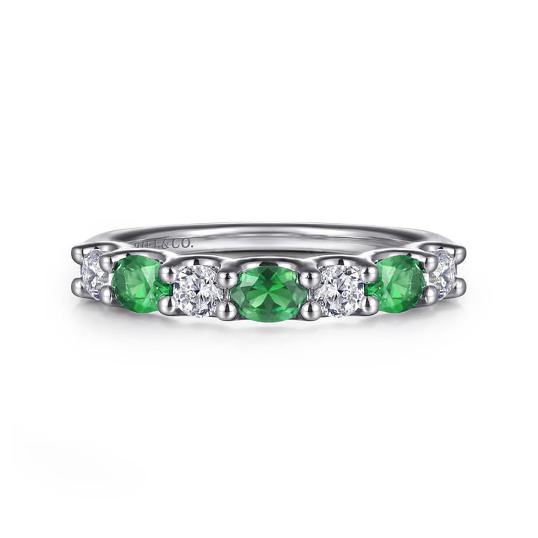 14K White Gold Diamond and Oval Emerald Band Ring - 0.35 ct - Shot 1
