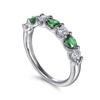 14K White Gold Diamond and Oval Emerald Band Ring