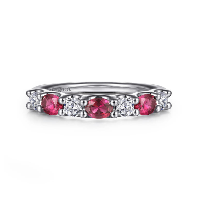 14K White Gold Diamond and Oval Ruby Band Ring - 0.35 ct - Shot 1