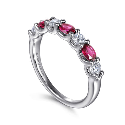 14K White Gold Diamond and Oval Ruby Band Ring