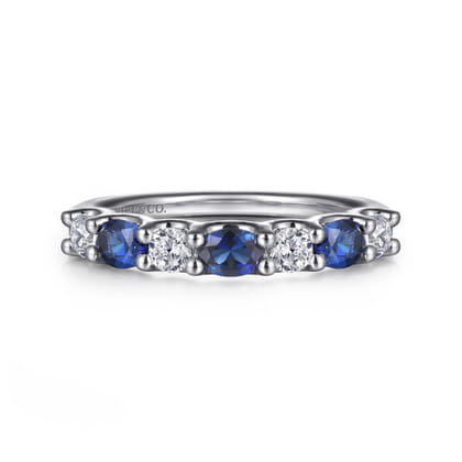14K White Gold Diamond and Oval Sapphire Band Ring