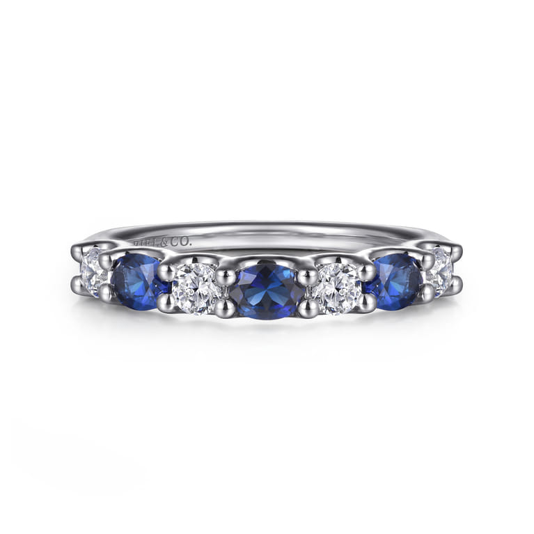 14K White Gold Diamond and Oval Sapphire Band Ring - 0.35 ct - Shot 1
