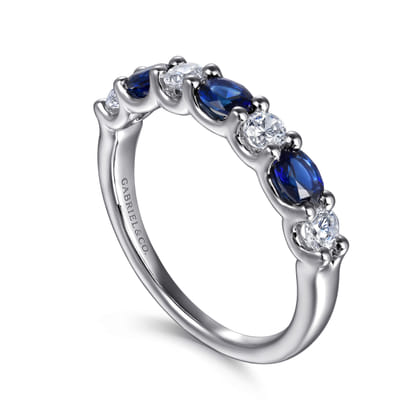 14K White Gold Diamond and Oval Sapphire Band Ring
