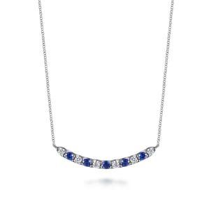 14K White Gold Diamond and Oval Sapphire Bar Necklace