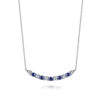 14K White Gold Diamond and Oval Sapphire Bar Necklace