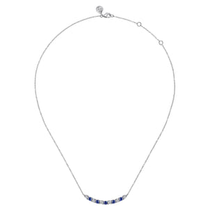 14K White Gold Diamond and Oval Sapphire Bar Necklace