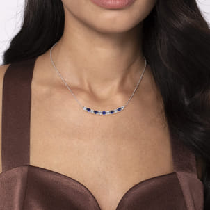 14K White Gold Diamond and Oval Sapphire Bar Necklace