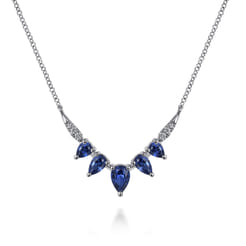 14K White Gold Diamond and Pear Blue Sapphire Chevron Bar Necklace
