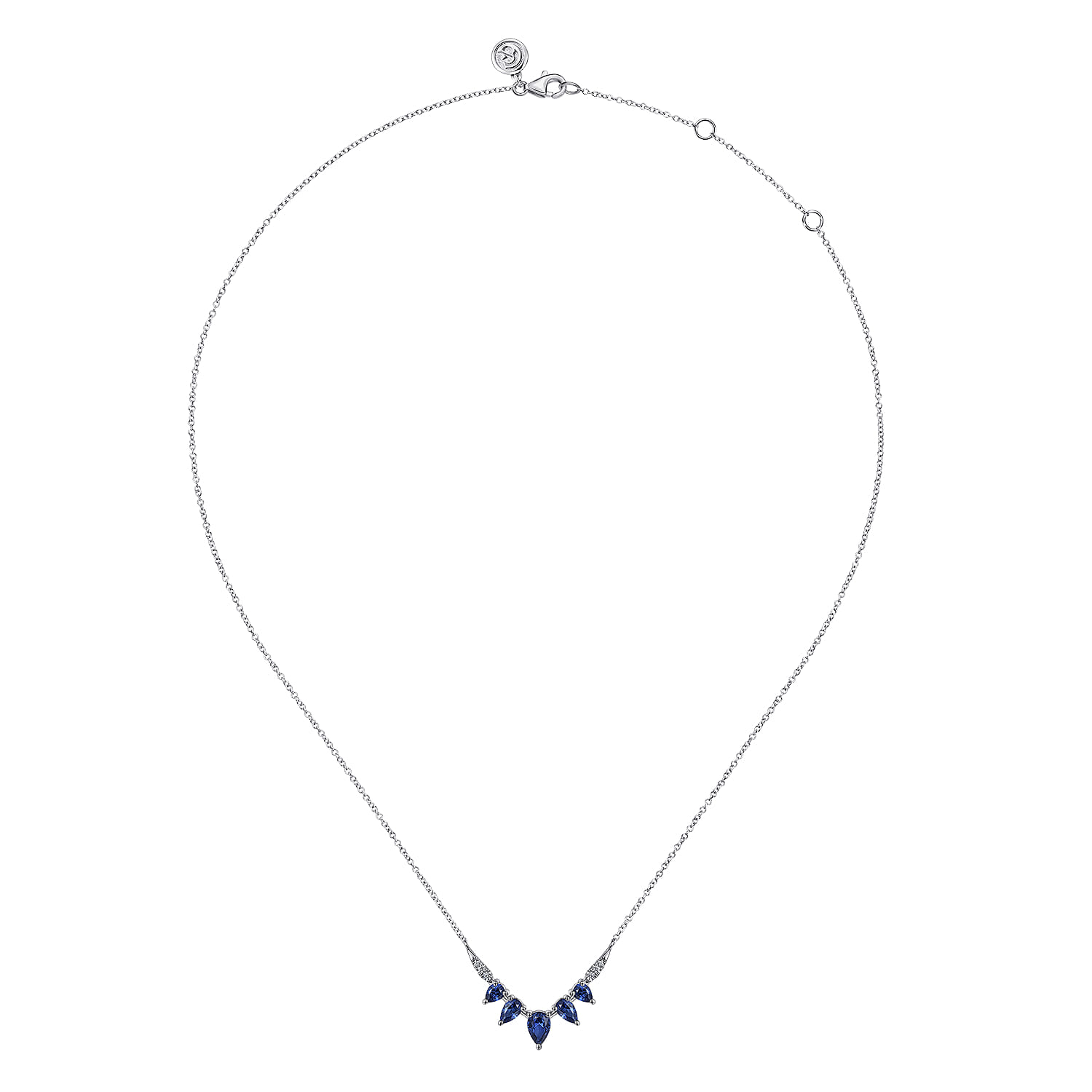 14K White Gold Diamond and Pear Blue Sapphire Chevron Bar Necklace - 0.06 ct - Shot 2