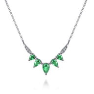 14K White Gold Diamond and Pear Emerald Chevron Bar Necklace