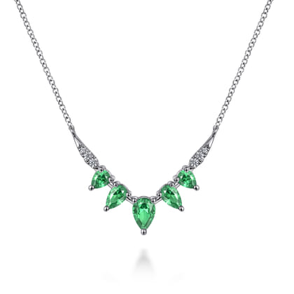 14K White Gold Diamond and Pear Emerald Chevron Bar Necklace