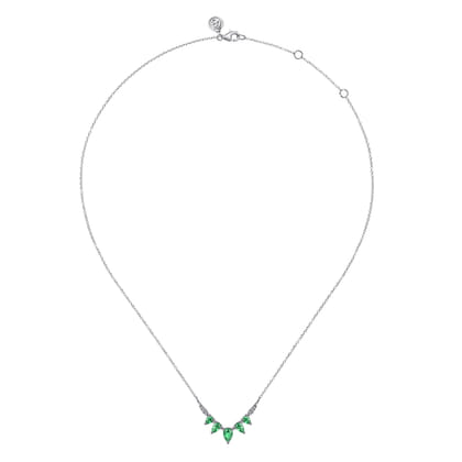 14K White Gold Diamond and Pear Emerald Chevron Bar Necklace