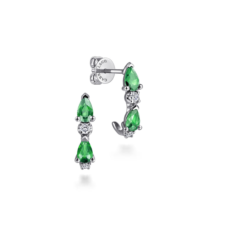 14K White Gold Diamond and Pear Emerald J-Hoop Earrings - 0.11 ct - Shot 1