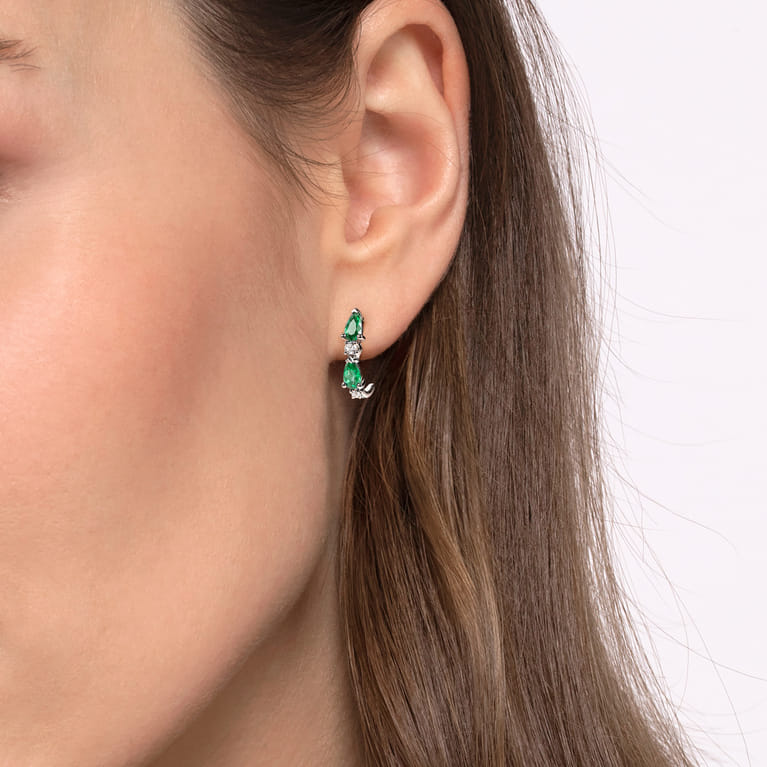 14K White Gold Diamond and Pear Emerald J-Hoop Earrings - 0.11 ct - Shot 3