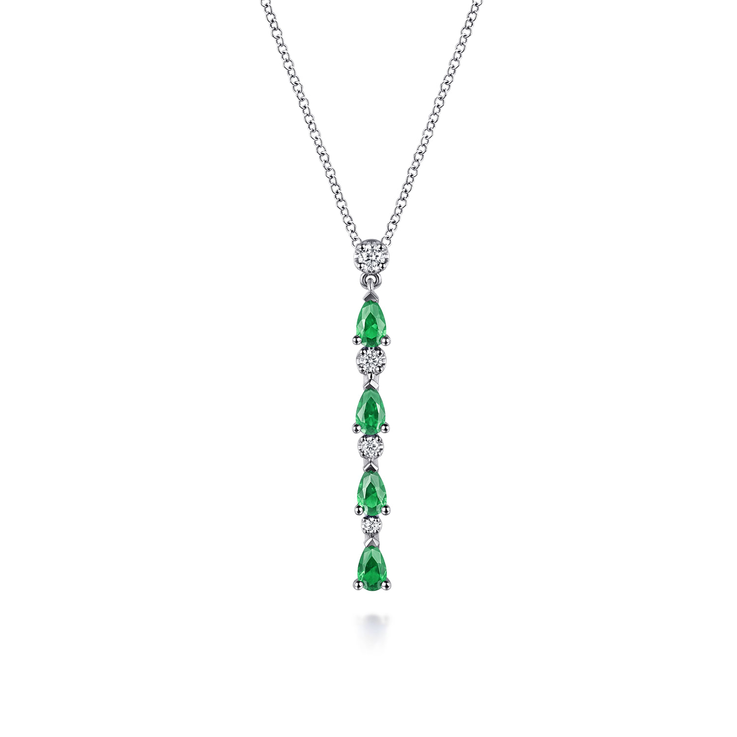 14K White Gold Diamond and Pear Emerald Vertical Bar Necklace