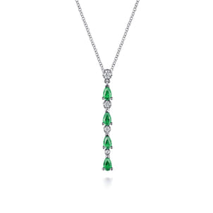 14K White Gold Diamond and Pear Emerald Vertical Bar Necklace