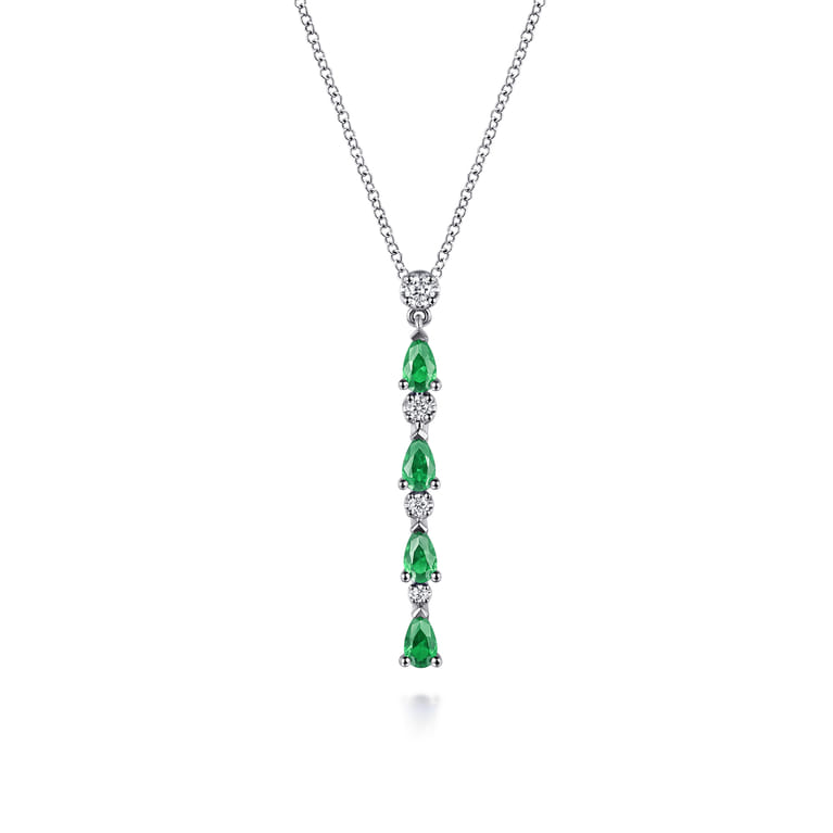 14K White Gold Diamond and Pear Emerald Vertical Bar Necklace - 0.15 ct - Shot 1