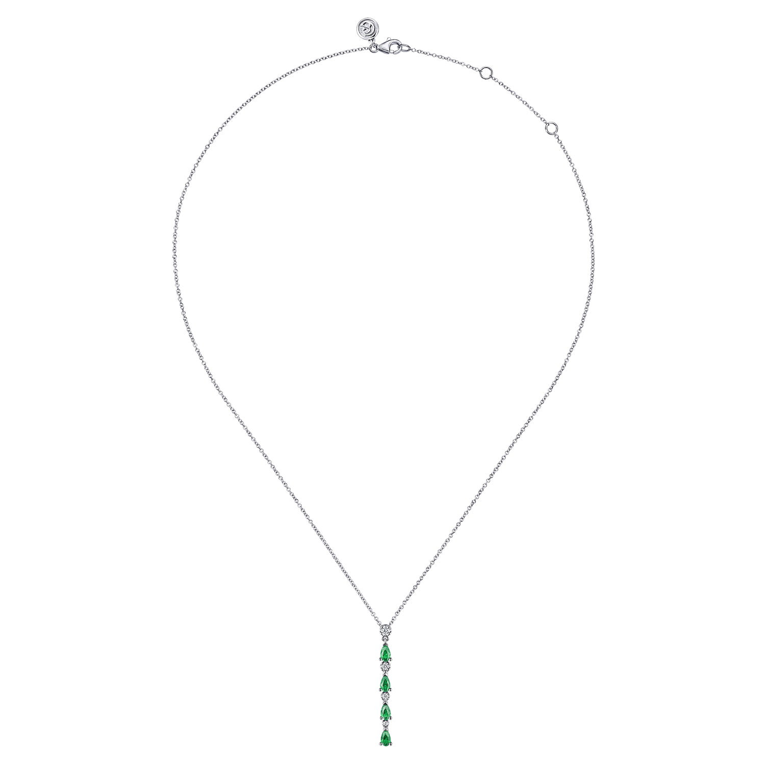 14K White Gold Diamond and Pear Emerald Vertical Bar Necklace