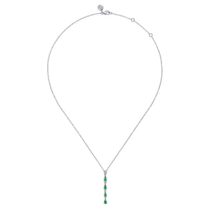 14K White Gold Diamond and Pear Emerald Vertical Bar Necklace