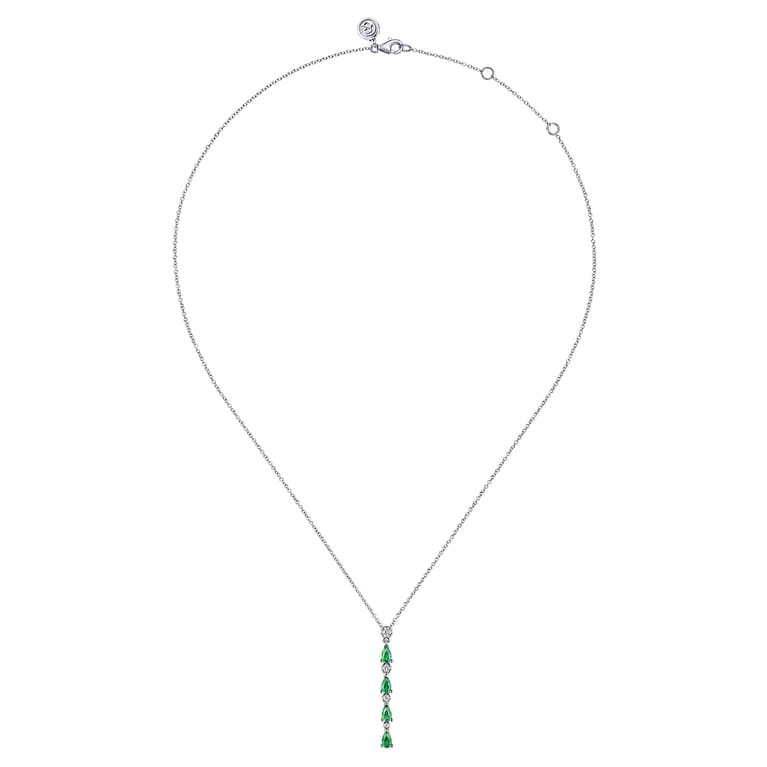 14K White Gold Diamond and Pear Emerald Vertical Bar Necklace - 0.15 ct - Shot 2