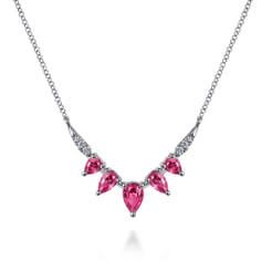 14K White Gold Diamond and Pear Ruby Chevron Bar Necklace