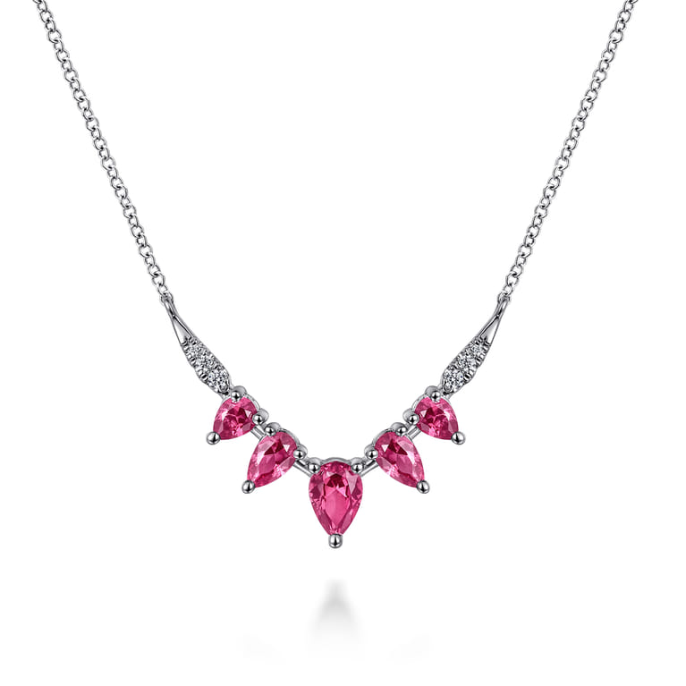 14K White Gold Diamond and Pear Ruby Chevron Bar Necklace - 0.06 ct - Shot 1