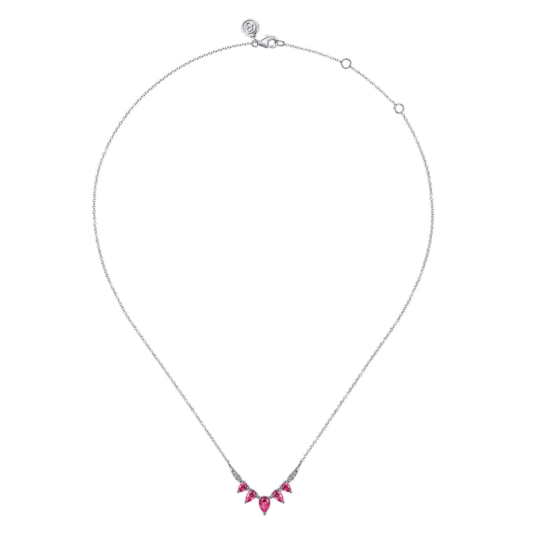 14K White Gold Diamond and Pear Ruby Chevron Bar Necklace - 0.06 ct - Shot 2