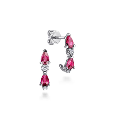 14K White Gold Diamond and Pear Ruby J-Hoop Earrings