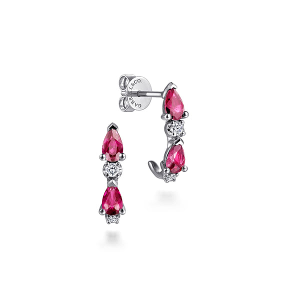 White Gold Diamond and Ruby J-Hoop Earrings